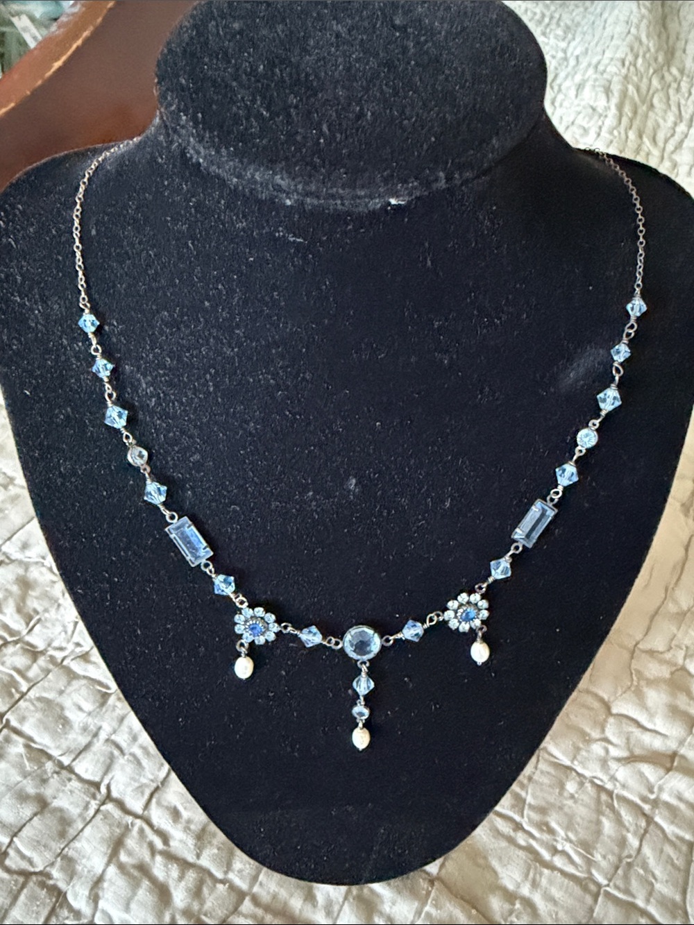 Light blue crystal flowers with white pearls sterling silver necklace